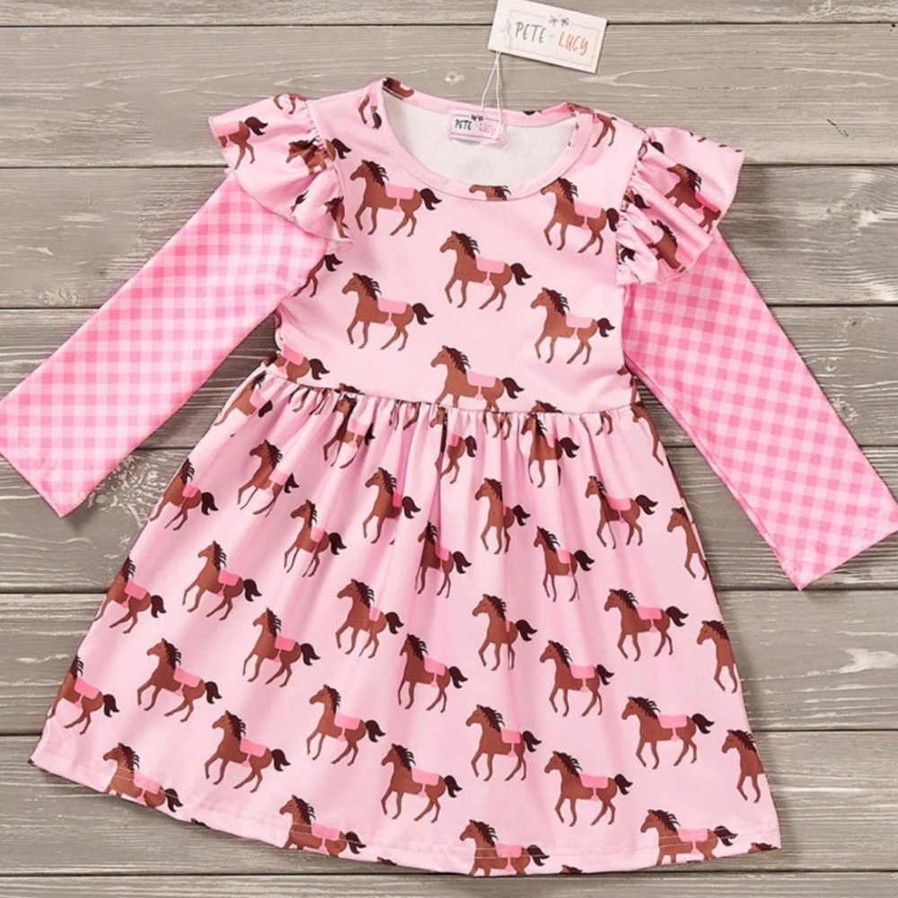 NEW Pete + Lucy Pink Horse Print Long Sleeve Girls Dress